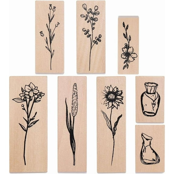 8Pcs Wooden Rubber Stamps Flower Plant Vase Floral Vintage Retro Rectangle Head Scrapbook Art Ink Wood Stamp Decoration for DIY handcrafting