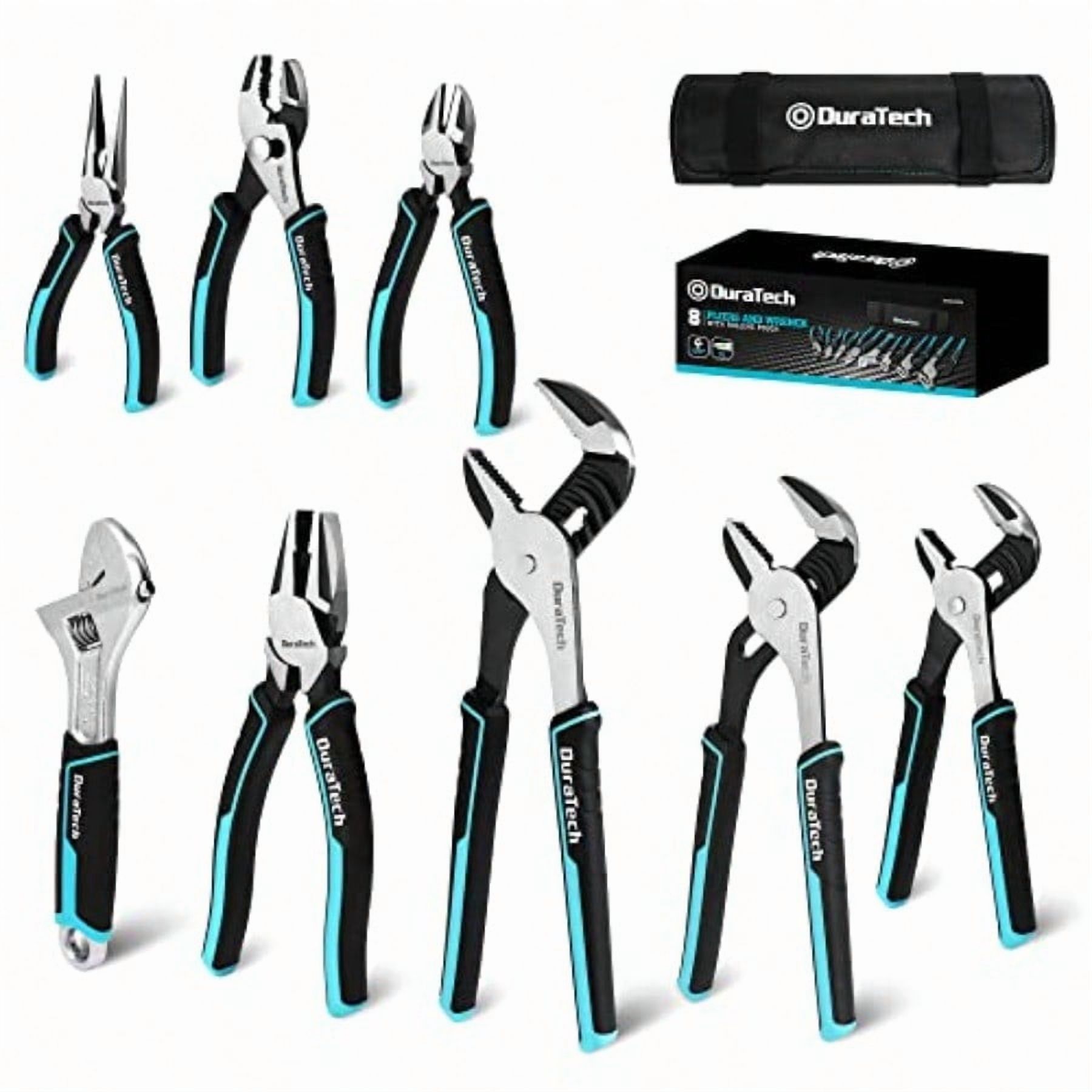 8Piece Pliers Set With Rolling Pouch Premium CrV CrNi Construction 12 10 8 Groove Joint Pliers 8 Adjustable Wrench 8 Linesman 6 Long Needle Nose 6 Slip Joint 6 Diagonal