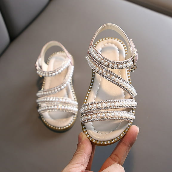 8QIDA Girls' Sandals Size 2 Summer Girls' Sandals Korean Edition Little Girls' Pearl Open Toe Shoes Little Medium and Big Children's Performance Shoes 24