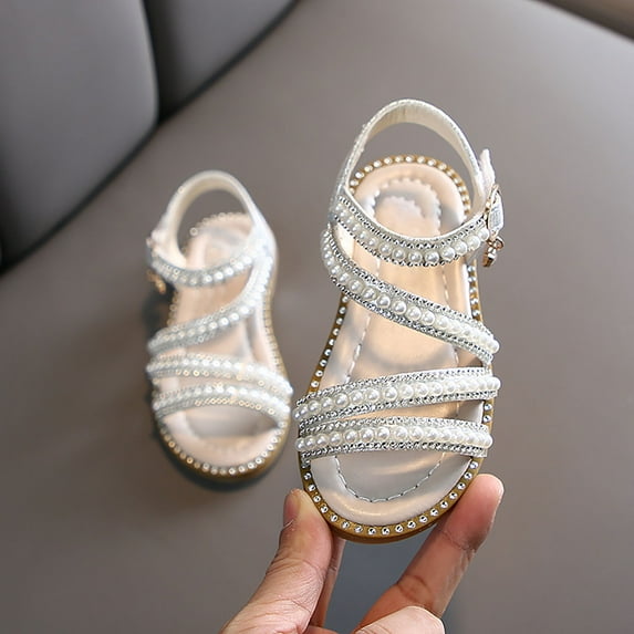 8QIDA Girls Sandals Size 4 Summer Girls' Sandals Korean Edition Little Girls' Pearl Open Toe Shoes Little Medium and Big Children's Performance Shoes 25