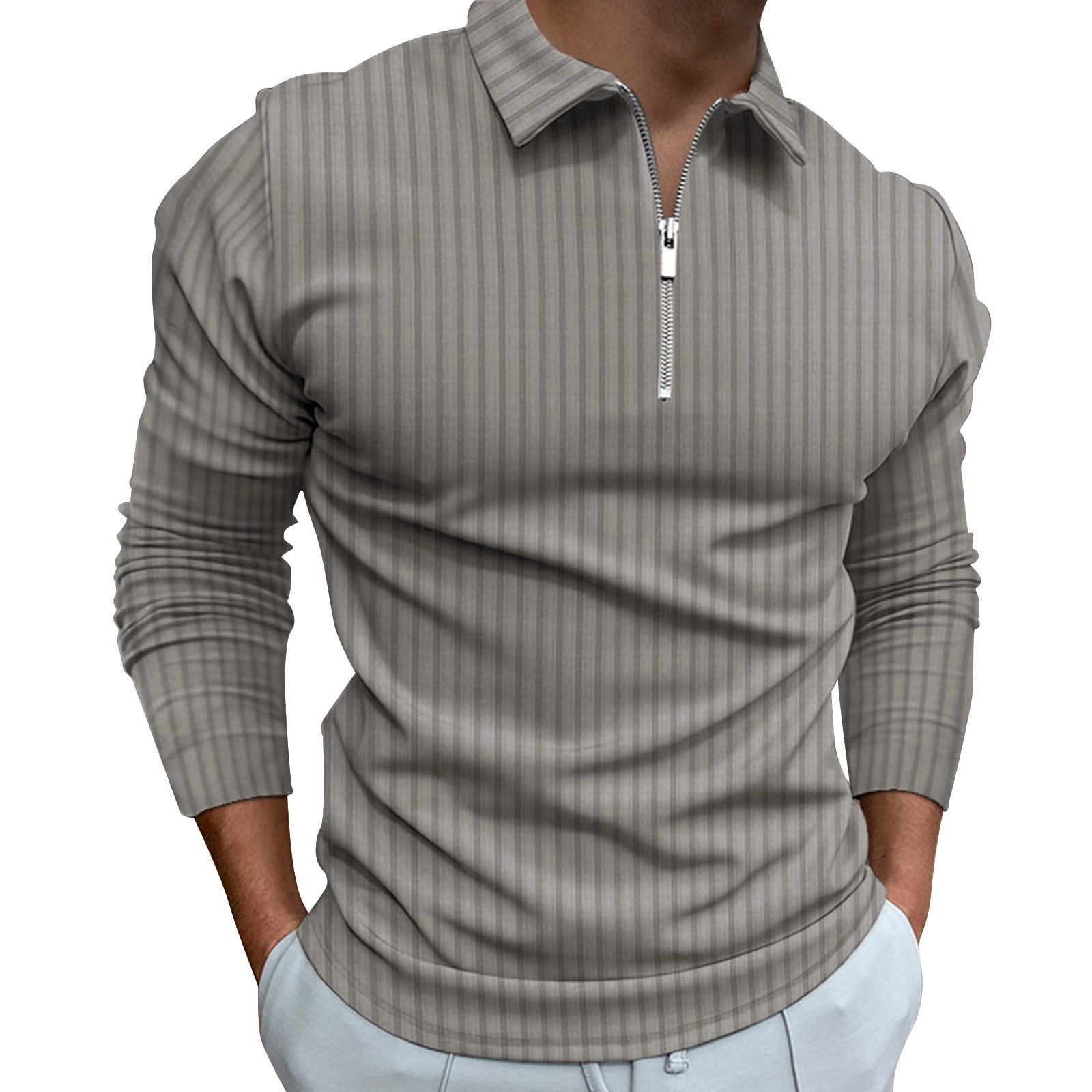 8QIDA Male Casual Autumn Striped Fabric T Shirt Zipper Turn down Collar ...