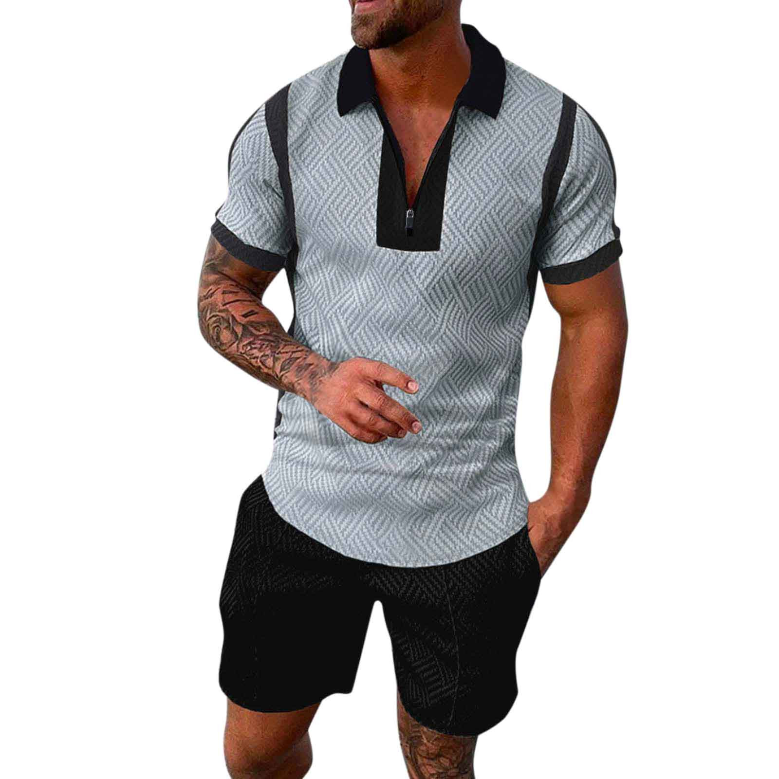 8QIDA Male Summer Casual Print Zipper Turn down Collar Blouse Short ...