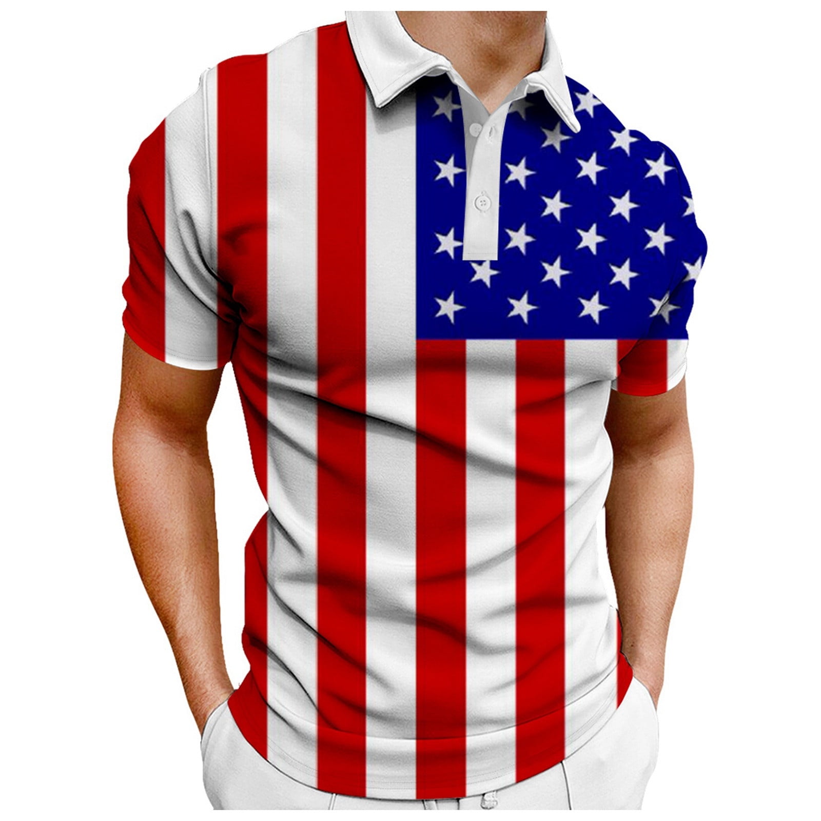 8QIDA Male Summer Independence Day Printed Button Shirt Turn down Short ...