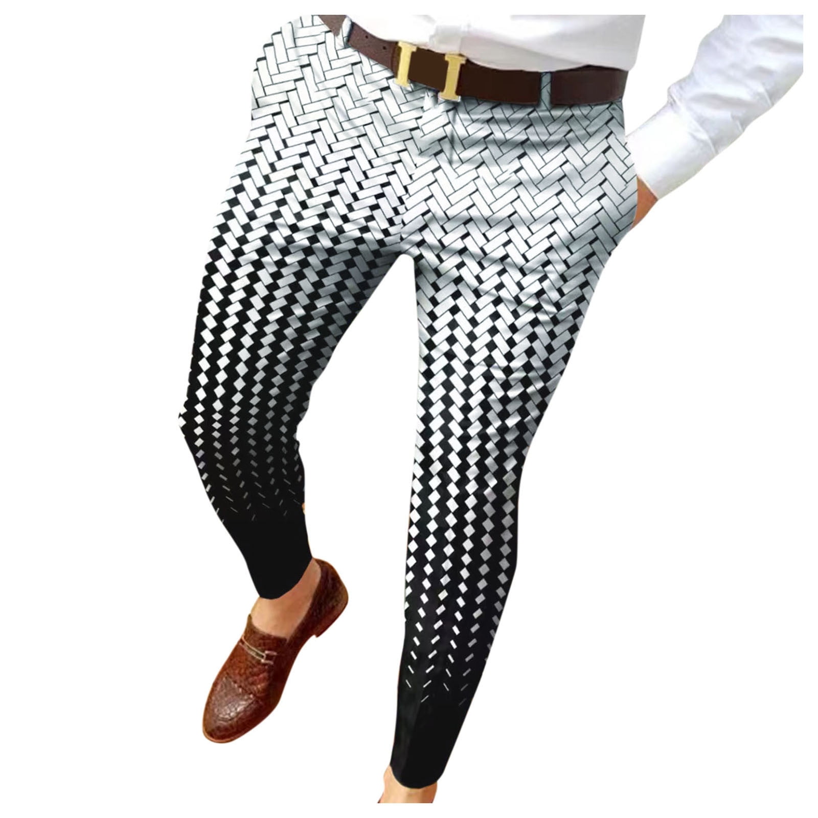8QIDA Men Slim Fit Print Zipper Button Trousers Suit Pants Male Casual ...