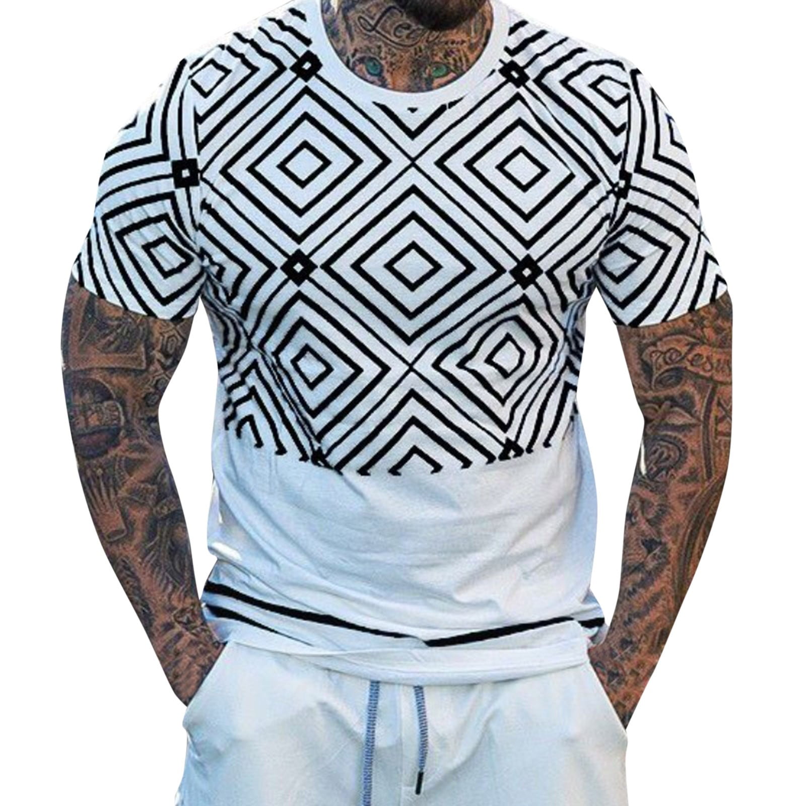 8QIDA Men's Spring and Summer Vintage Print TShirt Solid Color