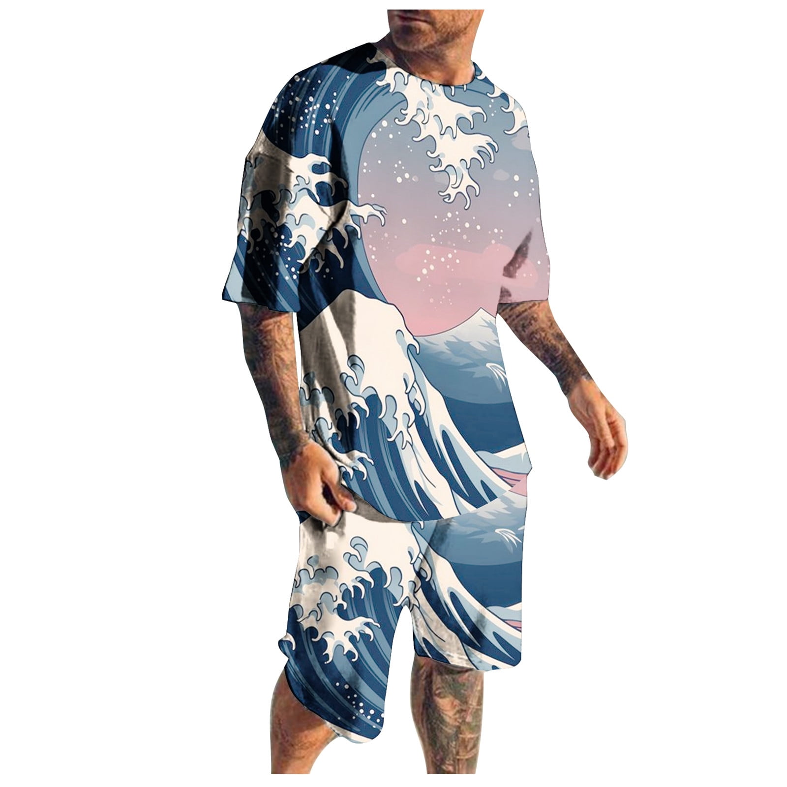 8QIDA Men's Suit 2 Piece Hawaiiss Print Short T+ Shorts Fashion Street ...
