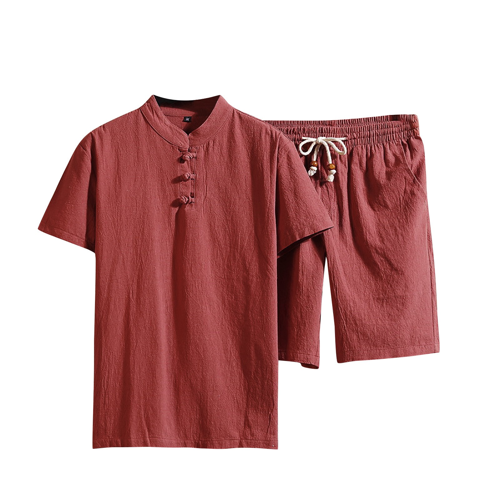 8QIDA Men's Suits Men's Cotton Linen Set Solid Color Short-Sleeved T ...