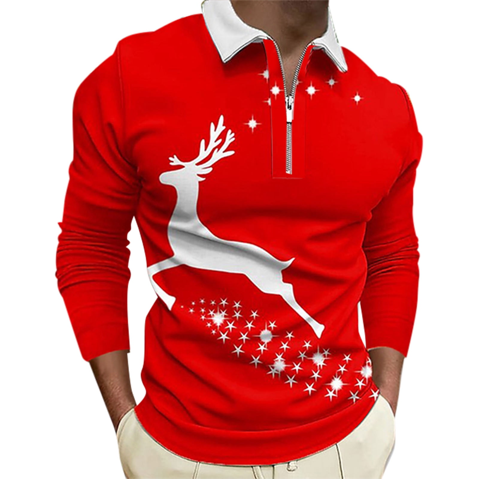 8QIDA Mens Christmas Fashion Printed Long Sleeved Zip up Shirt Top Mens ...
