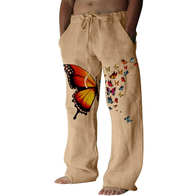 8QIDA Mens Fashion Casual Printed Linen Pocket up Pants Large Size ...