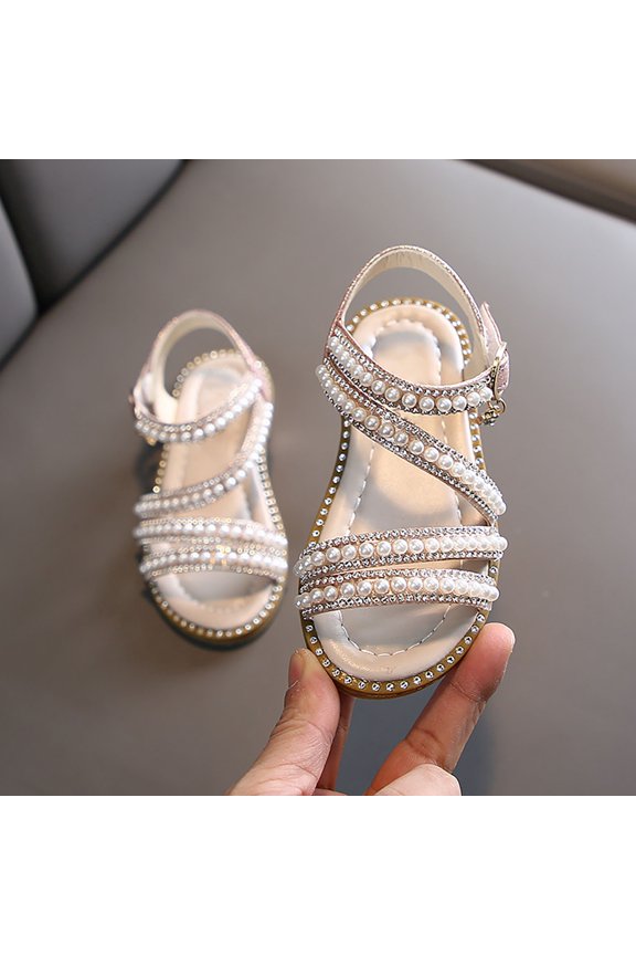Sandals for Girls Size 4C Summer Girls' Sandals Korean Edition Little Girls' Pearl Open Toe Shoes Little Medium and Big Children's Performance Shoes 35