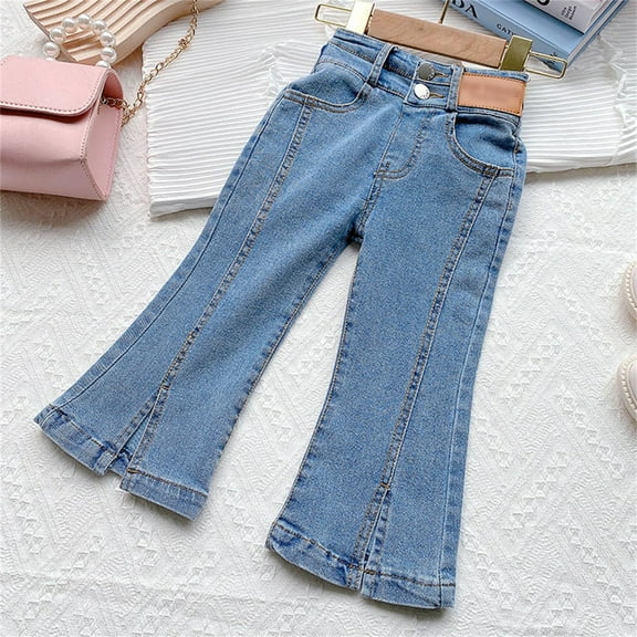8QIDA Toddler Girls Summer Strap Jeans Elastic Slim Vintage Casual Flared Jeans Trousers Daily Wearing 4-5 Years