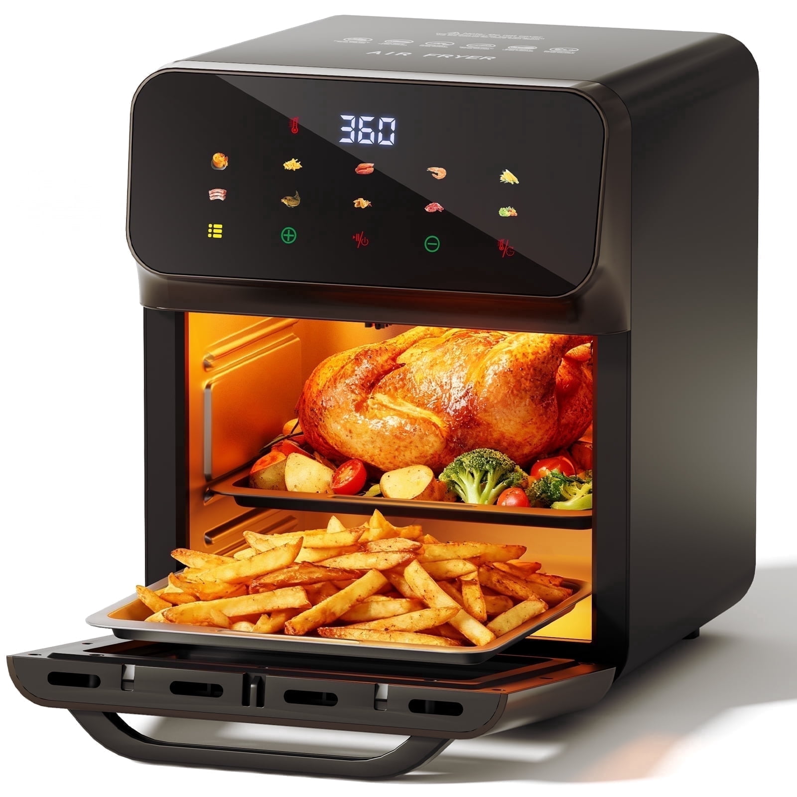 10QT Air Fryer, Toaster Oven with 10 Preset Cooking Mode, Bake, Roast, Reheat, Broiler, Dehydrate, LED Digital Color Display and Visible Window