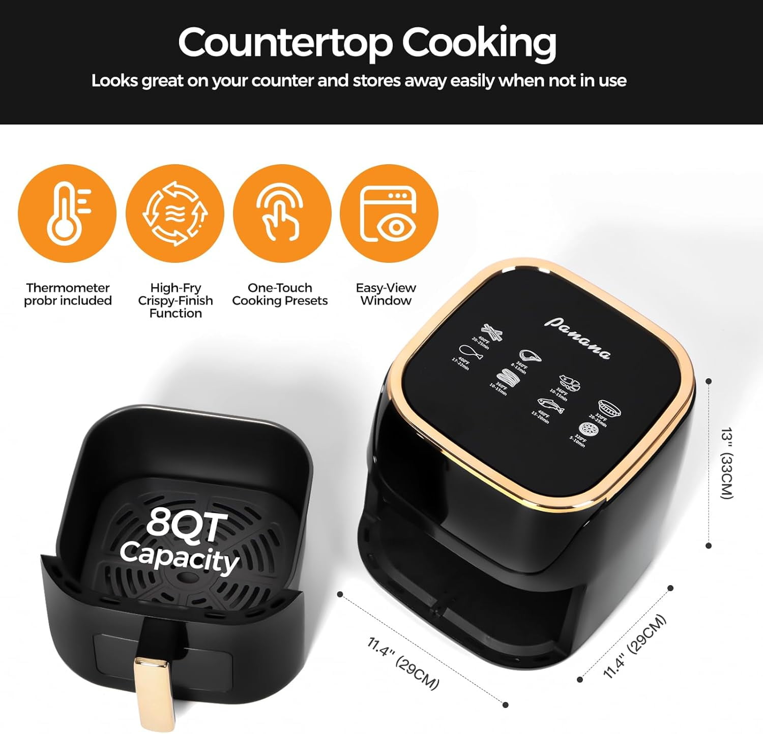 8QT Air Fryer with Visible Window, 1500W Oilless Healthy Cooker with 8 Presets for Quick Family Meals