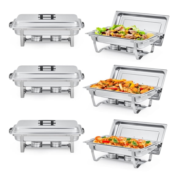 8QT Chafing Dishes for Buffet Set of 6, Warmers Set with Lid & Foldable Frame, Rectangular Stainless Steel Chafer Food Warmer for Parties Wedding
