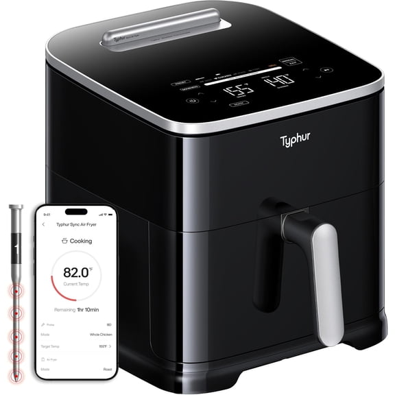 8QT Sync Air Fryer with Built-in Wireless Meat Thermometer, 9-in-1 Smart Non Toxic Ceramic Airfryer for Quick Easy Meals, 450F Max, Cooks 6lb Whole Chicken, Dishwasher Safe, 120V