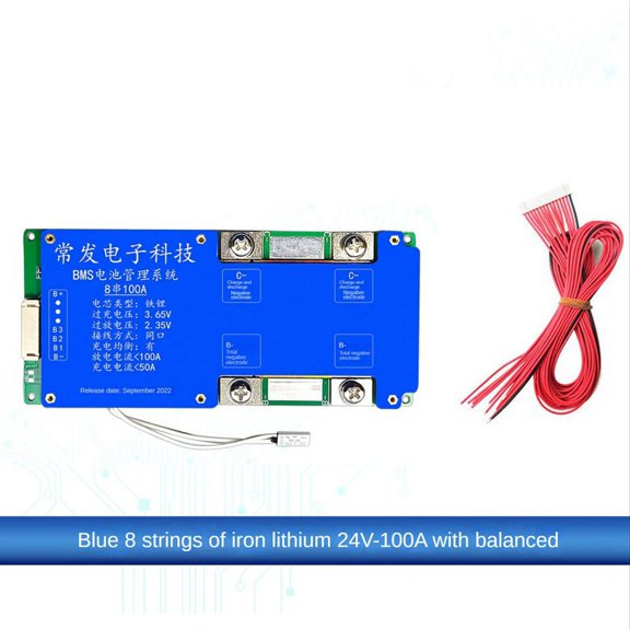 8S 24V 100A LiFePO4 Battery Protection Board Same Port with Equalization Temperature Control Battery Board for UPS,1 x lithium battery protection board 1 x cable,Blue