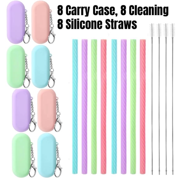 8Set Silicone Straws with Case Reusable Foldable Portable Drinking Straws With Cleaning Brush for Party Travel Cold or Hot Straw(