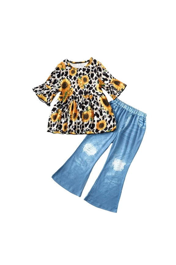 8T Big Girls Clothes Big Girls Outfits 8T Girls Long Sleeve Sunflower Print Top Jeans Pants 2PCS Clothing Set Black