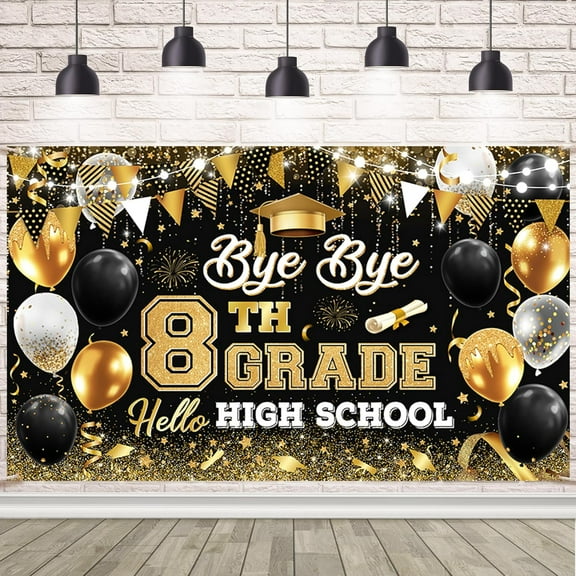 8TH Grade Graduation Backdrop Black Gold Bye Bye 8TH Grade Hello High School Background 2026 Graduation Classroom Party Decorations Banner Supplies Photo Booth Props