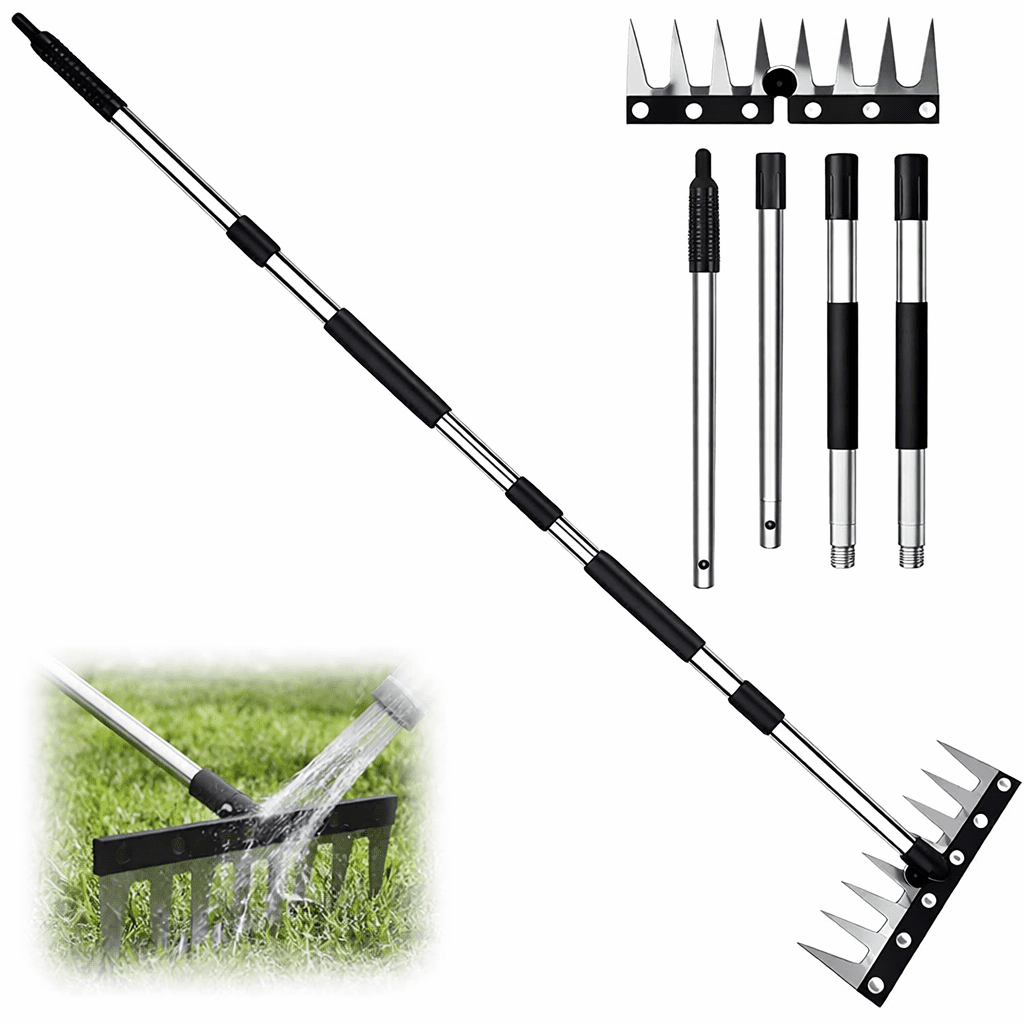 8Teeth Carbon Steel Garden Hand Rake with Telescopic Handle 16-65 Inches, No Bending Design for Lawn Yard Patio Cleaning, Elderly Friendly Gardening Tool
