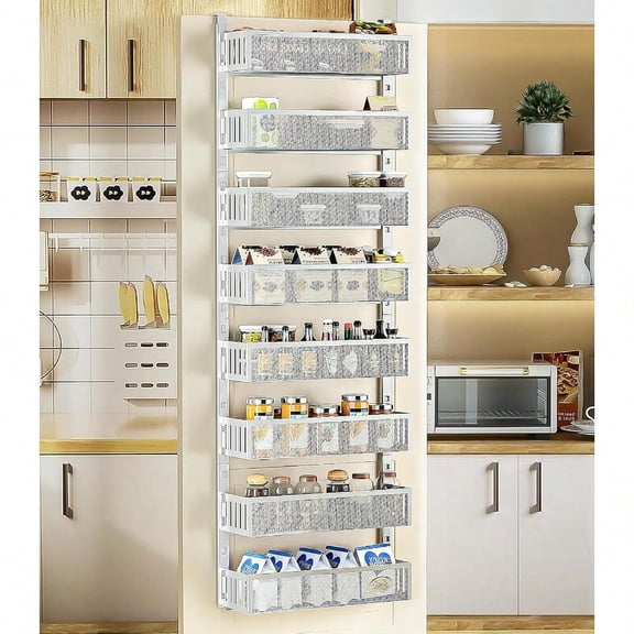 8Tier Over The Door Pantry Organizer With Mesh Baskets Adjustable Stable Hanging Spice Rack For Kitchen Bathroom Bedroom And Baby Essentials Storage 16 W 8Tiers White