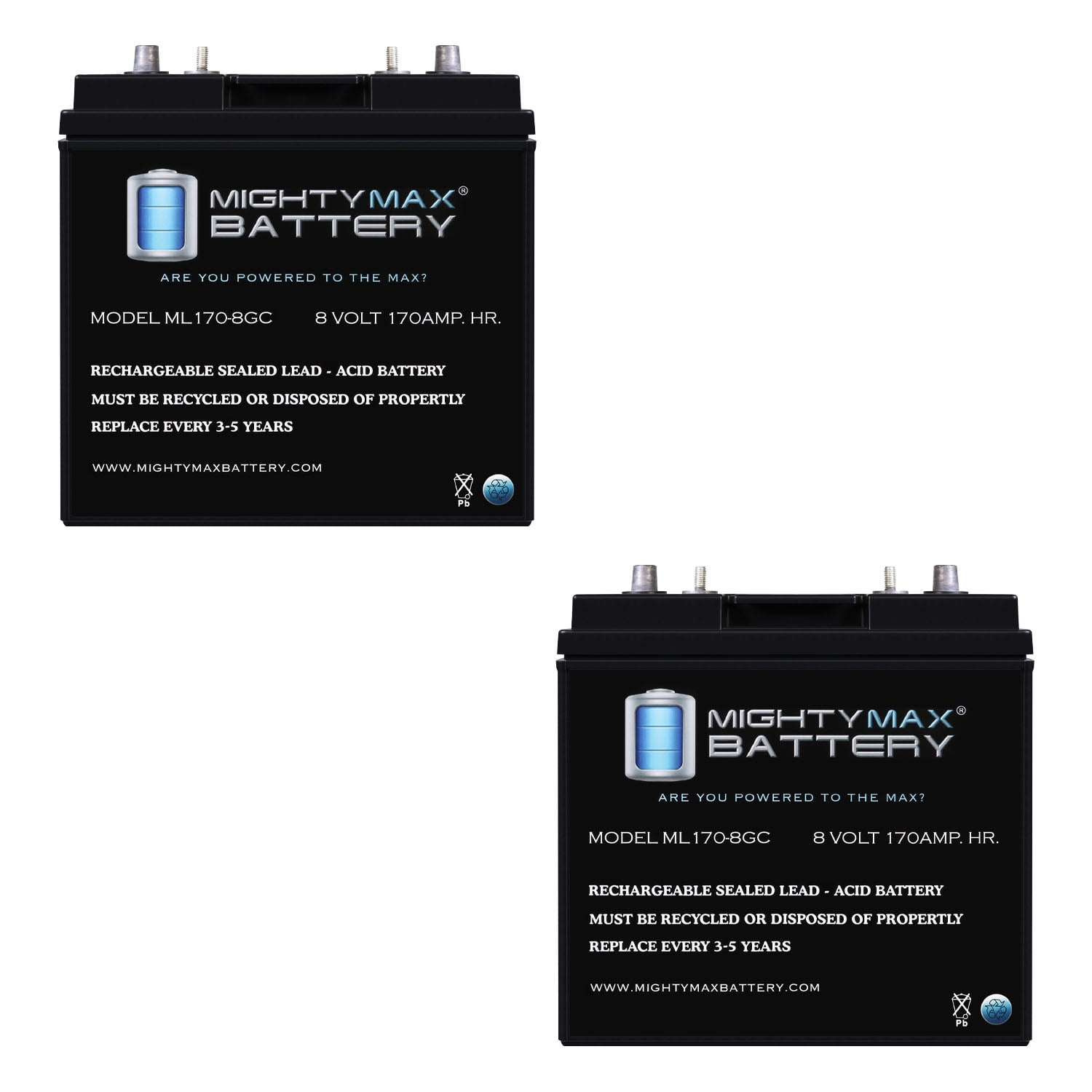 8V, 170Ah, AGM, Dual Terminal, Replacement Battery Compatible with Deep Cycle Golf Cart US8VGC - 2 Pack