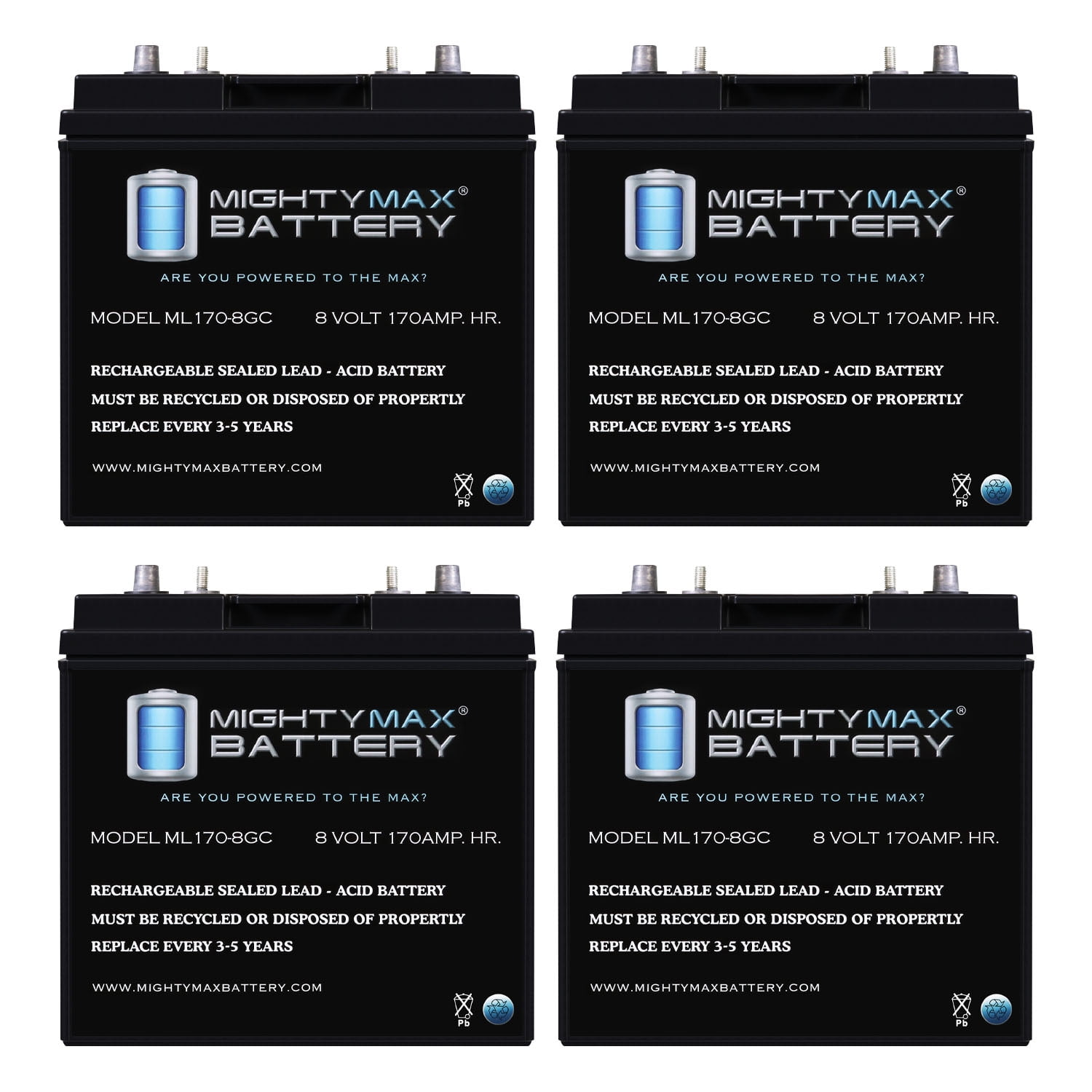 8V, 170Ah, AGM, Dual Terminal, Replacement Battery Compatible with Deep Cycle Golf Cart US8VGC - 4 Pack