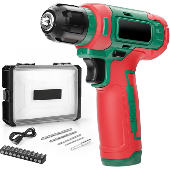 8V Cordless Drill Driver Set with 3/8" Keyless Chuck, 15 count Bits, Type-C , Built-in  and Variable Speed for Drilling and Screwing, Toolbox(Christmas)