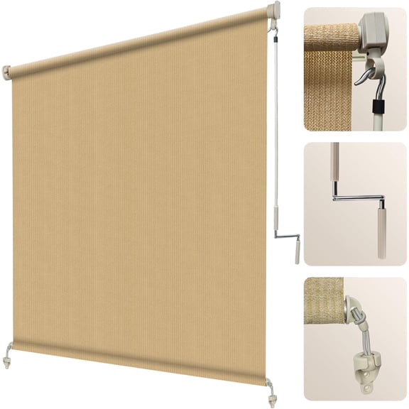 NAWAY O8' W x 8' H 220 GSM HDPE Cordless Outdoor Roller Shades,90% UV Protection Roll up Blinds for Porch Gazebo,Wheat