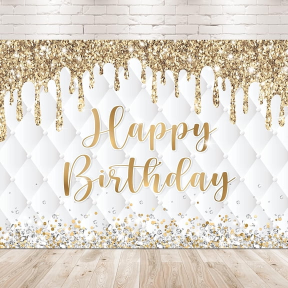 8Wx6H Gold and White Birthday Backdrop 7Wx5H Photography Happy Birthday Backdrop for Girls Women Diamonds Modern Luxury Elegant Bday Background Party Decorations Banner Photo Booth Props Supplies