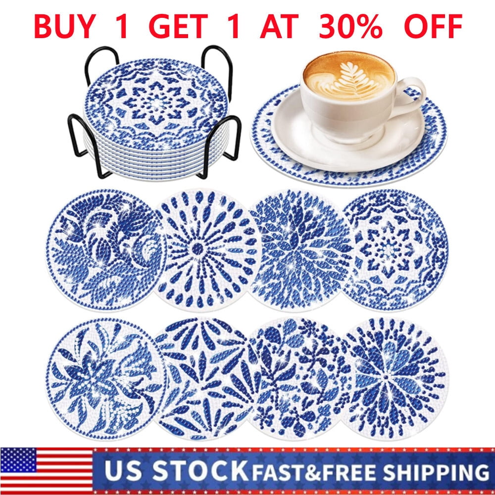 8X Diamond Art Coasters, Blue Watercolor Diamond Art Coasters Kits with ...