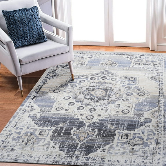 8X10 Cream/Blue Medallion Design | For Entryways, Living Rooms | Medium Pile Height, Soft and Durable Rug