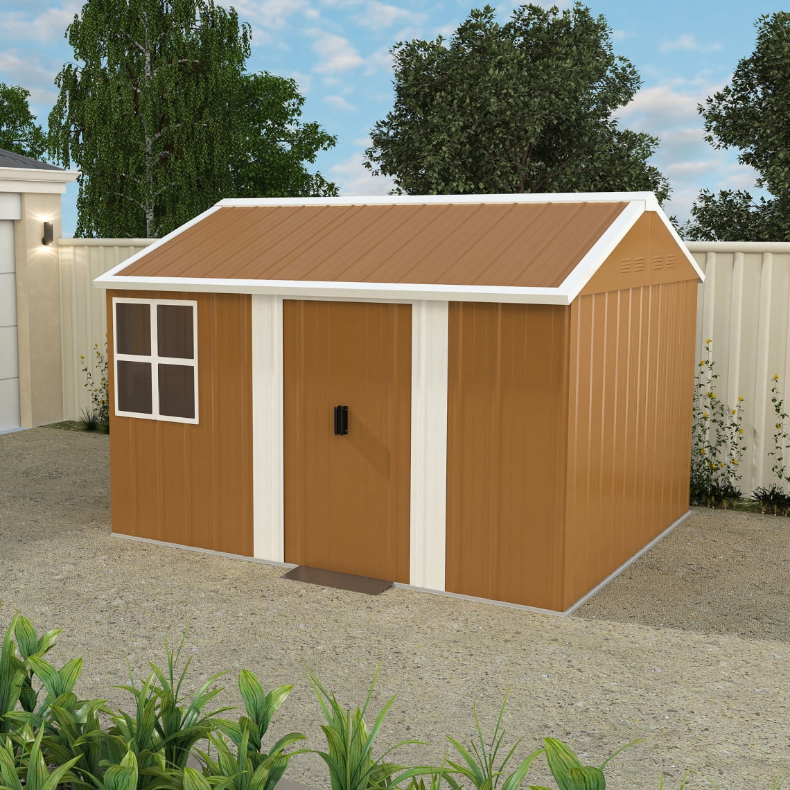 8X10 FT Outdoor Storage Shed, Metal Garden Tool Shed with Windows, Lockable Door & Ventilation, Weatherproof Bike Shed Pet Shelter for Backyard, Brown