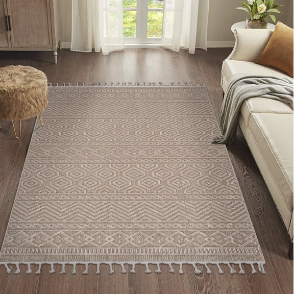 8X10 ft Mocha Geometric Indoor / Outdoor Area Rug,Large Soft Living Room Carpet