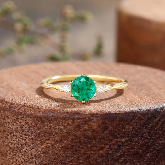 8X10 mm Round Emerald Engagement Ring, 925 Sterling Silver Wedding Ring, Unique Twist Ring, Vintage Bridal Ring, Five Stone Anniversary Ring, Promise for Love