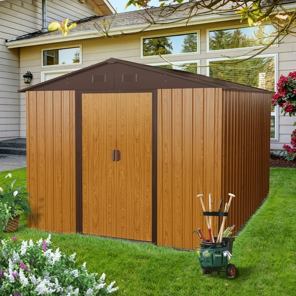 CarButler 8x10ft Metal Outdoor Storage Shed with Lockable Sliding Doors for Garden Backyard Patio Coffee
