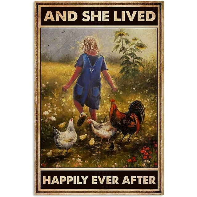 8X12 Inch Chickens Girl and She Lived Happily Ever After Metal Funny