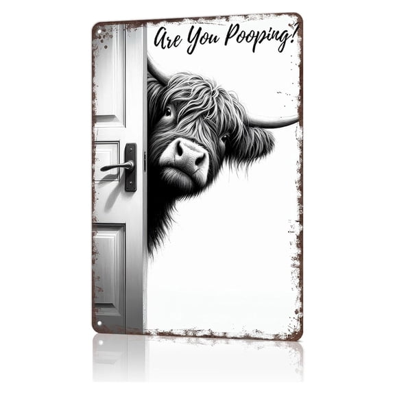 8X12 Inch Vintage Highland Cow Metal Sign Compact Restroom Sign Hanging Ornament For Bathroom And Organization Durable Metal Hooked Display Elegant Minimalist Style Home Decor