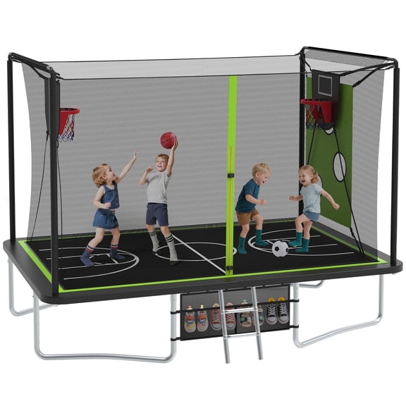 8X12FT Rectangular Trampoline with Enclosure Net, SEGMART Big Outdoor Rectangle Trampoline with Basketball Hoop, Large Square Trampoline 1322LBS Weight Capacity with Storage Bag for Kids, Adults