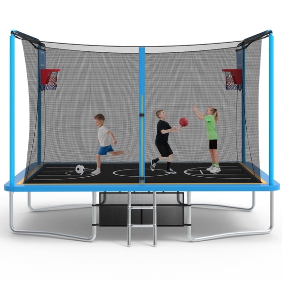 8 ×12FT Large Trampoline for Kids and Adults, SHINPT Outdoor trampoline with 2 Basketball Hoops, Big Trampoline with 360° Safety Net, Kids Trampoline Outdoor with Football Net with 1600LBS Capacity