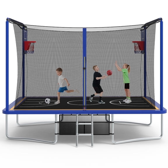 8 ×12FT Large Trampoline for Kids and Adults, SHINPT Outdoor trampoline with 2 Basketball Hoops, Big Trampoline with 360° Safety Net, Kids Trampoline Outdoor with Football Net with 1600LBS Capacity