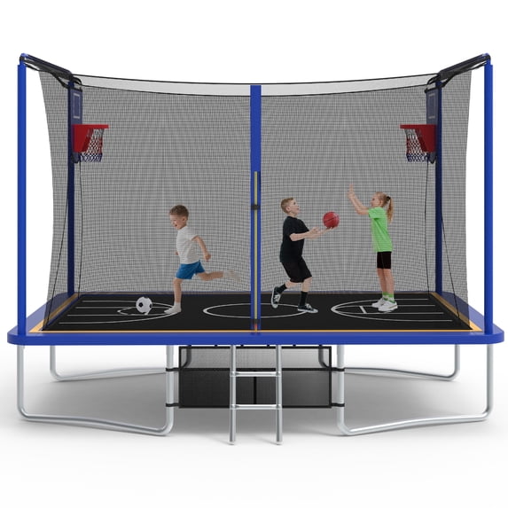 SHINPT 8 ×12 ft Rectangle Trampoline for Kids and Adult, Rectangular trampoline with 2 Basketball Hoops, Outdoor Big Trampoline with 360 Degree Safety Net, Square Trampoline with 4 W-Legs