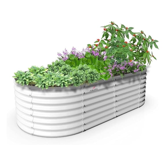 8X4X2 ft Galvanized Raised Garden Beds Outdoor, Oval Large Metal Deep Root Planter Box for Planting Vegetables Flowers , Anti-Rust & Easy-Setup, Antique White