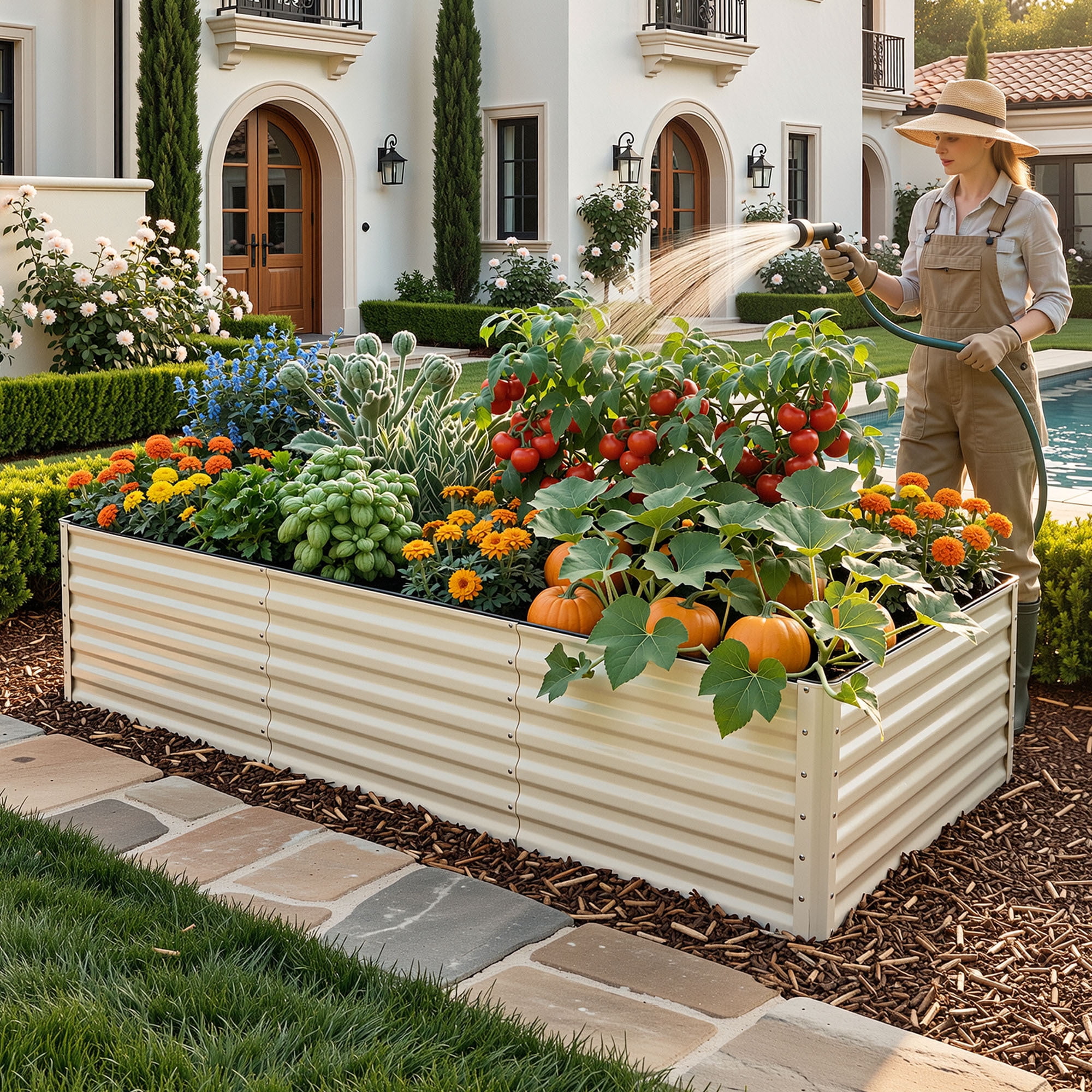 8X4X2FT 1 Pack Galvanized Metal Raised Garden Bed Kit with Gardening Gloves, Support Rod & Safety Rubber, Outdoor Above Ground Planter Box for Plants Vegetables Flowers, Cream White