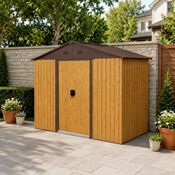 CarButler 8x4ft Metal Outdoor Storage Shed with Lockable Sliding Doors for Garden Backyard Patio Lawn Coffee