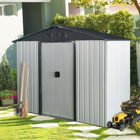 CarButler 8x4ft Metal Outdoor Storage Shed with Lockable Sliding Doors for Garden Backyard Patio Lawn White Black