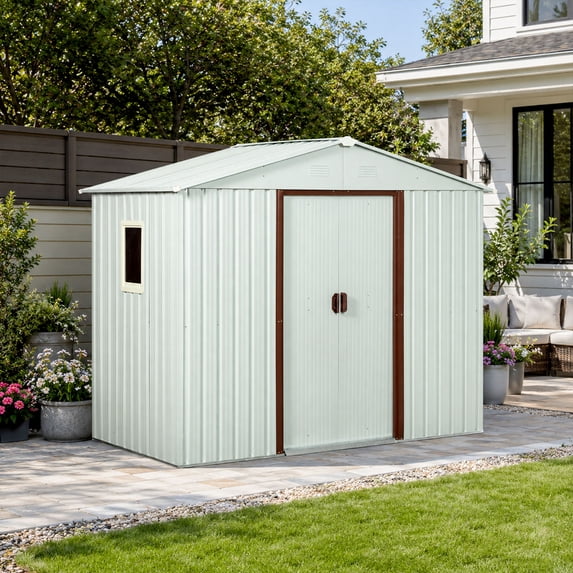 CarButler 8x4ft Metal Outdoor Storage Shed with Window and Lockable Sliding Doors for Garden Backyard Patio Lawn White