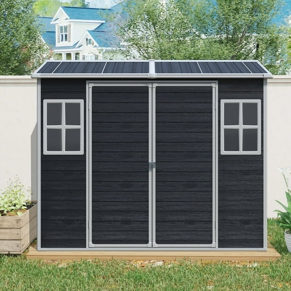 CarButler 8x4ft Resin Outdoor Storage Shed Heavy Duty Waterproof Shed with Floor,2 Windows and Lockable Doors for Garden Patio Backyard Black