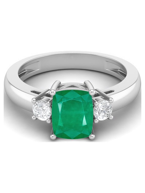 8X6 Cushion Shape Natural Emerald Three Stone 925 Sterling Silver Women Valentines Day Gifts Ring