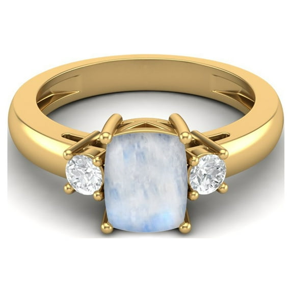 8X6 Cushion Shape Natural Moonstone Three Stone 925 Sterling Silver Gold Vemreil Women Mother's Day Gift Ring